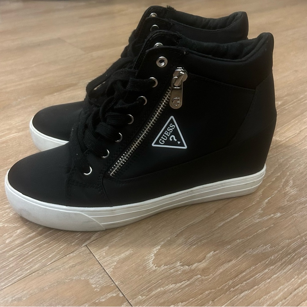 GUESS Faster Women’s Black Wedge Sneakers with Silver Zippers